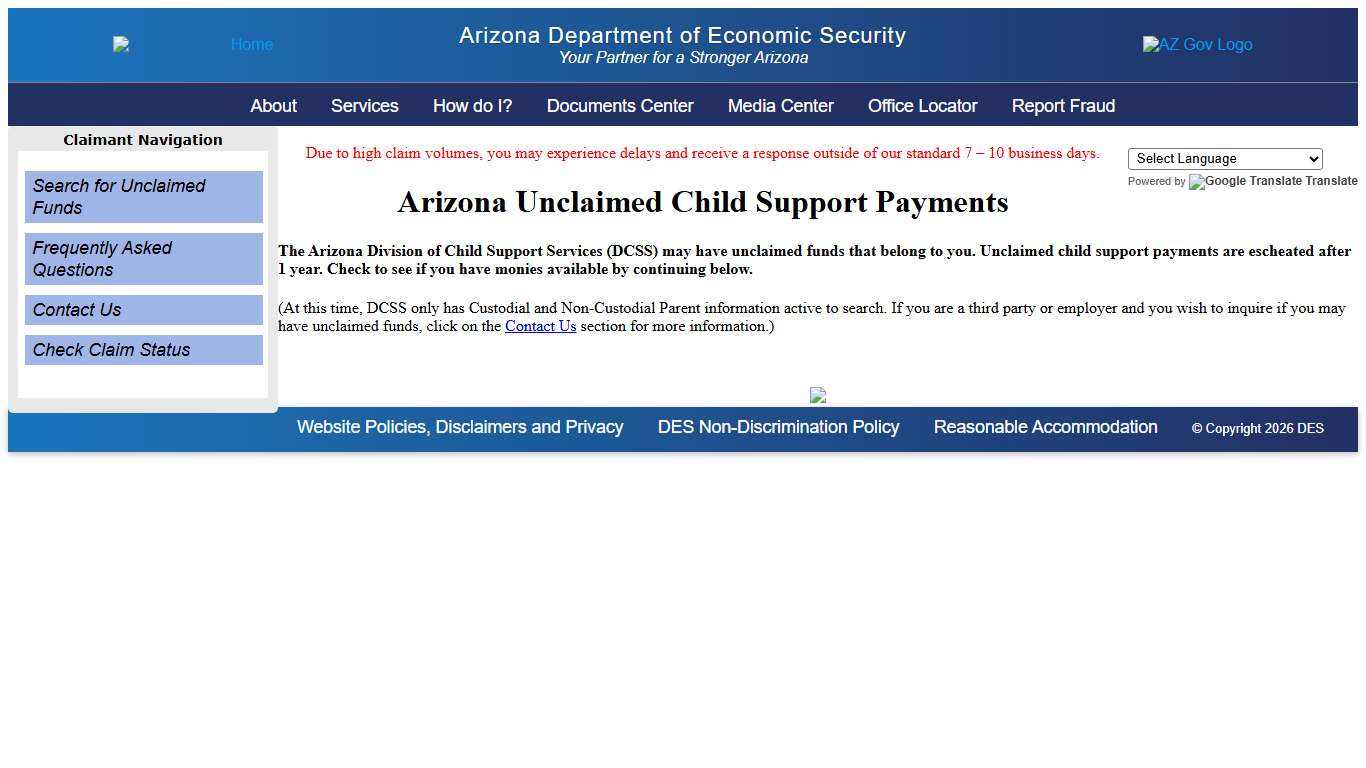 Department of Economic Security: Escheatment Claimant Login Page